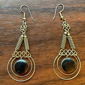 90s Onyx and Silver Tone Southwestern Drop Earrings Vintage